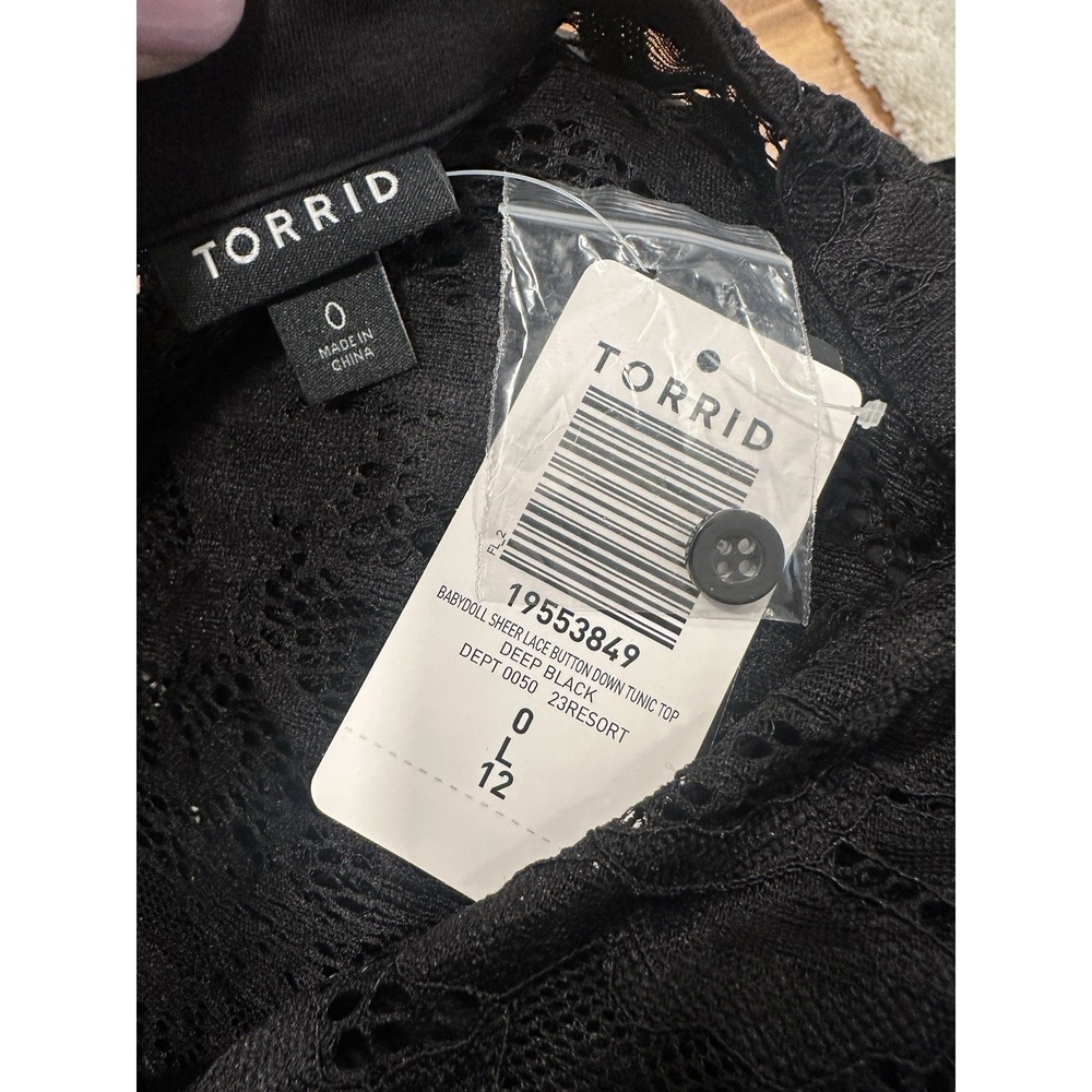 Torrid Babydoll Sheer Lace Button Down Tunic Top Deep Black Size 0/L/12 NWT - Picture 6 of 11